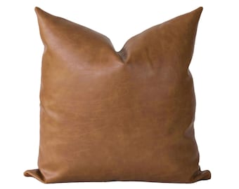 Cognac Leather Pillow Cover • Caramel Leather Pillow Lumbar • Brown Faux Leather Throw Pillow Covers • Luxury Leather Decor || Leather