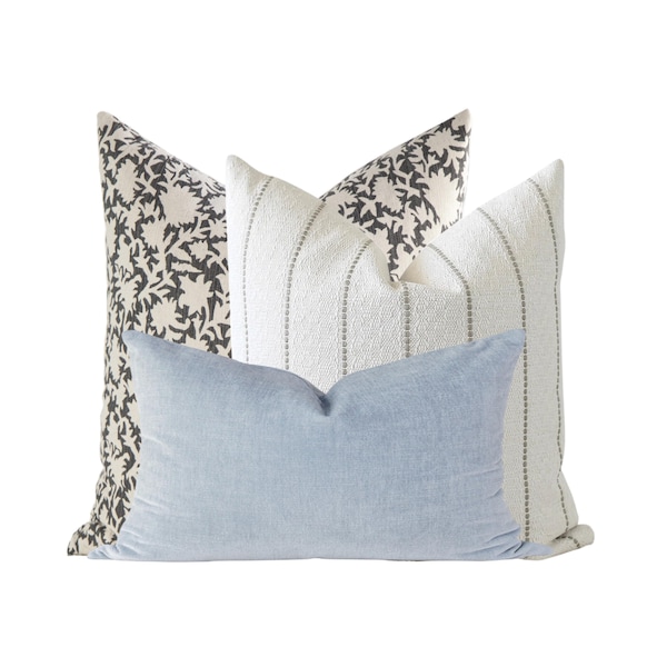 Pillow Cover Set: Blue Velvet, Floral Block Print, Striped Pillows