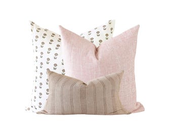Floral Block Print Pillow Cover Set: Blush Linen, Modern Farmhouse