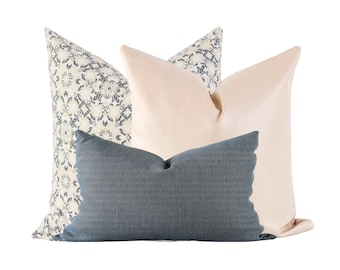 Blue Couch Pillows Set, Pillow Combination, Throw Pillows Set, Pillow Combo Set, Blue Throw Pillows, Floral Pillow Covers, Lumbar Pillows