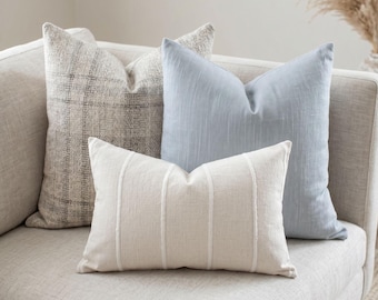 Dusty Blue Linen Pillow Combination, Grey Plaid, Cream Striped Lumbar Pillow Set of 3