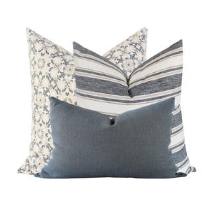 Pillow Combination Set, Floral Pillow Cover, Designer Pillow, Blue Linen Pillow Cover, Striped Pillow Cover, Blue Floral Pillow, Block Print