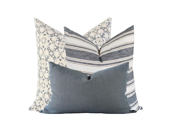 Pillow Combination Set, Floral Pillow Cover, Designer Pillow, Blue Linen Pillow Cover, Striped Pillow Cover, Blue Floral Pillow, Block Print