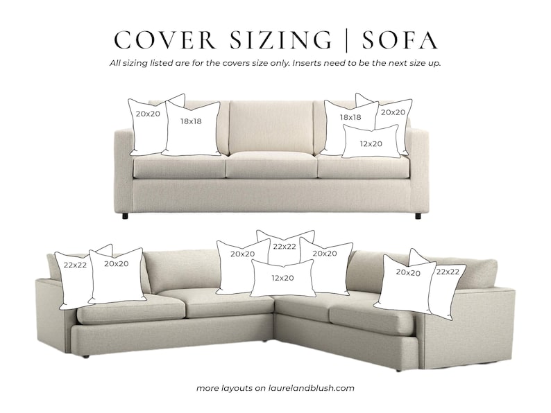 May include: A diagram titled COVER SIZING | SOFA showing two beige sofas with various pillow arrangements. The text reads: All sizing listed are for the covers size only. Inserts need to be the next size up. Pillow sizes include 12x20, 18x18, 20x20, and 22x22 inches.