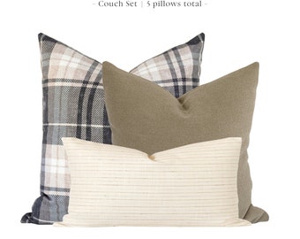 Couch Pillows Set, Pillow Combination, Neutral Throw Pillows Set, Pillow Combo Set, Plaid Throw Pillows, Linen Pillow Covers, Lumbar Pillows