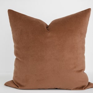 May include: A square, solid-colored pillow in a warm, earthy brown hue. The pillow has a soft, velvety texture and a simple, minimalist design. It is a decorative item for home decor, suitable for a living room or bedroom.