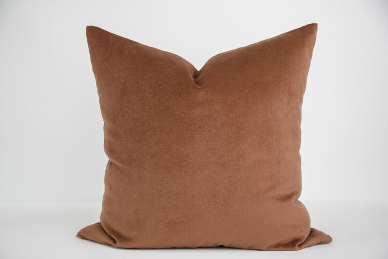 May include: A square, solid-colored pillow in a warm, earthy brown hue. The pillow has a soft, velvety texture and a simple, minimalist design. It is a decorative item for home decor, suitable for a living room or bedroom.