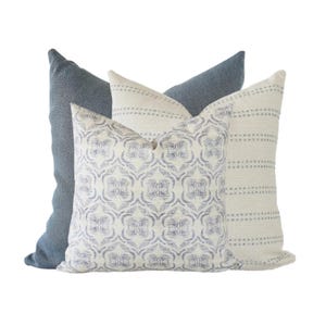 Blue Throw Pillow Cover Set: Woven Stripe & Floral, Handmade USA