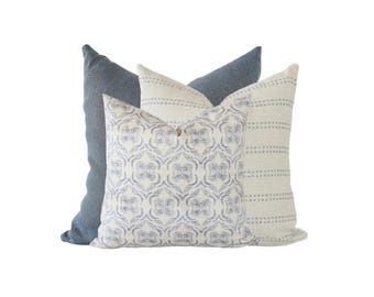 Blue Throw Pillow Cover Set: Woven Stripe & Floral, Handmade USA
