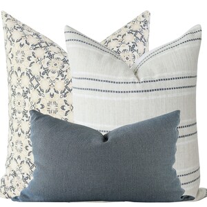 Pillow Combination Set, Floral Pillow Cover, Designer Pillow, Blue Linen Pillow Cover, Striped Pillow Cover, Blue Floral Pillow, Block Print