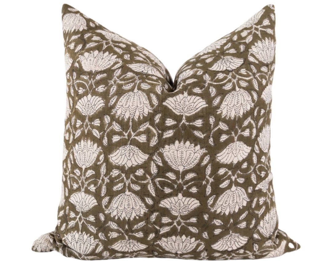 Floral Block Print Pillow Cover, Dark Neutral Pillow, Farmhouse Pillow