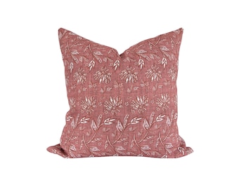 Terracotta Floral Pillow Cover: Rustic Hand-Block Print, Made in USA