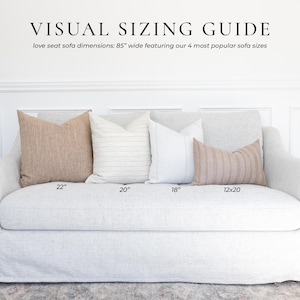 Puede incluir: Un sof&aacute; de dos plazas gris claro con cuatro cojines decorativos de varios tama&ntilde;os. El texto dice: VISUAL SIZING GUIDE, love seat sofa dimensions: 85" wide featuring our 4 most popular sofa sizes, 22", 20", 18" y 12x20 pulgadas.