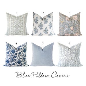 Blue Floral Block Print Pillow Cover: Modern Farmhouse Velvet Throw