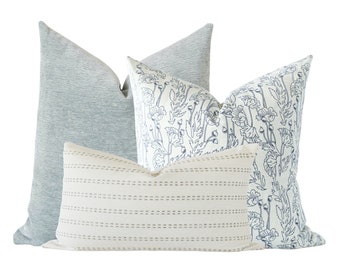 Pillow Combo Set, Neutral Stripe Pillow, Sage Velvet Pillow, Blue Floral Pillow Cover, Designer Pillow, Boho Pillow, Modern Farmhouse Pillow