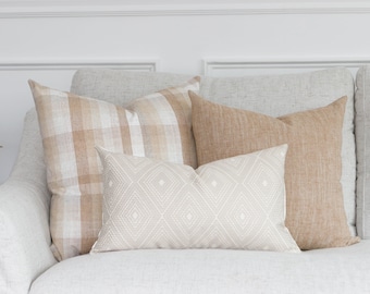 Neutral Sofa Pillow Combo: Set of Three Throw Pillow Covers, Neutral Plaid Pillow, Fall Throw Pillows