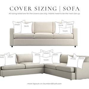 Puede incluir: Un diagrama titulado COVER SIZING | SOFA que muestra dos sof&aacute;s beige con varias disposiciones de cojines. El texto dice: All sizing listed are for the covers size only. Inserts need to be the next size up. Los tama&ntilde;os de los cojines incluyen 20x20, 18x18, 12x20 y 22x22.