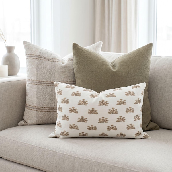 Oak Brown Pillow Combination, Striped Neutral, Floral Block Print Lumbar, Set of 3 Covers