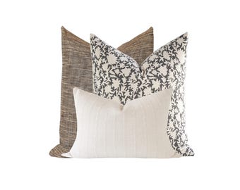 Neutral Brown and Cream Sofa Pillow Set: Striped Throw Pillow Covers, Black Floral Block Print Pillow Combination, 3 Piece Set