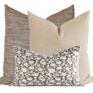 Pillow Combination Set, Brown Throw Pillow, Floral Pillow Cover, Neutral Pillow, Block Print Pillow Cover, Modern Pillow Cover, Home Decor