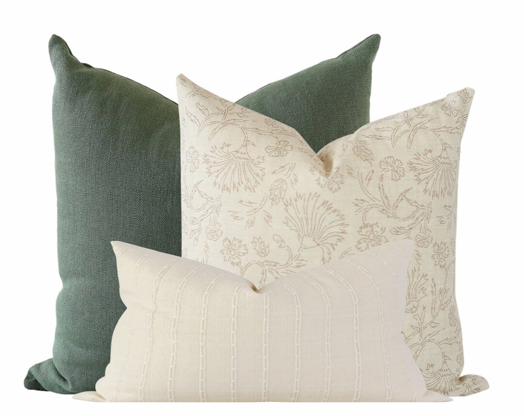 Earthy Pillow Combination Set, Green Pillows, Floral Line Art Throw