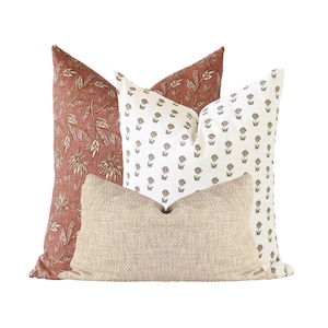 Designer Pillow Set, Pillow Combination Set, Terracotta Pillow, Modern Farmhouse, Rust Pillow Cover, Floral Pillow Cover, Linen Pillow