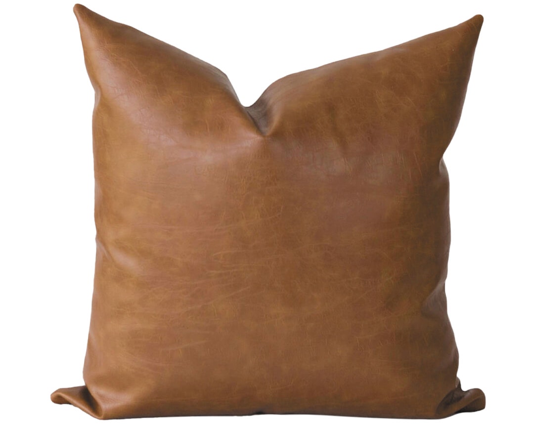 Cognac Leather Pillow Cover 20x20, Leather Pillow Lumbar, Faux Leather