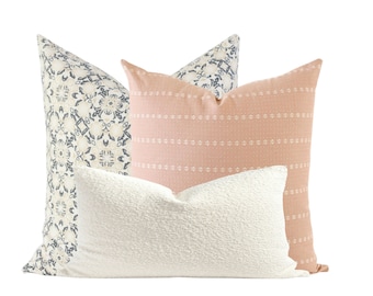 Nursery Pillow Combination Set, Floral Pillow Cover, Boho Pillow Cover, Blue Floral Fabric, Designer Pillow, Block Print Pillow, Blush Throw