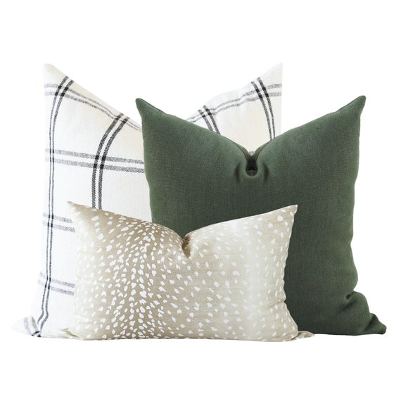 Pillow Combination Set Plaid Pillow Cover Designer Pillow Modern Farmhouse Green Linen Pillow Cover Antelope Pillow Cover Fawn Pillow Etsy