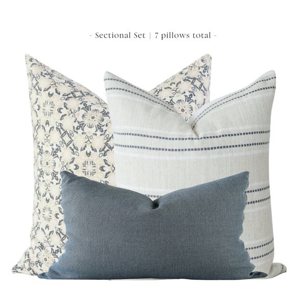 Sectional Pillows Set, Pillow Combination, Throw Pillows Set, Pillow Combo Set, Blue Throw Pillows, Floral Pillow Covers, Lumbar Pillows