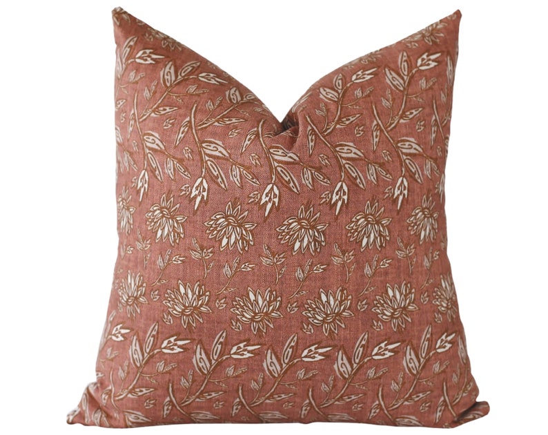 Terracotta Pillow Cover, Floral Pillow Covers 20x20, Spring Pillow Covers 18x18, Botanical Flower Print Pillow Covers, Rust Pillow Covers image 1