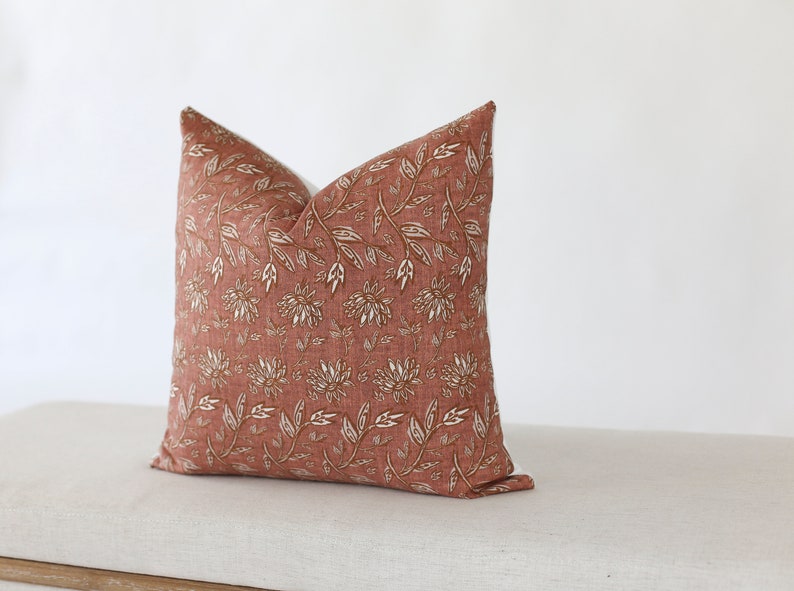 Terracotta Pillow Cover, Floral Pillow Covers 20x20, Spring Pillow Covers 18x18, Botanical Flower Print Pillow Covers, Rust Pillow Covers image 2