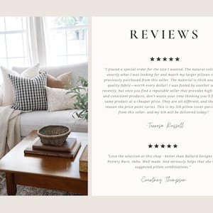 May include: A split-view graphic featuring a living room scene with a light gray sofa, a black and white gingham pillow, solid neutral pillows, and a wooden coffee table on the left, and customer reviews with five-star ratings on the right.