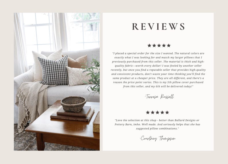 May include: A split-view graphic featuring a living room scene with a light gray sofa, a black and white gingham pillow, solid neutral pillows, and a wooden coffee table on the left, and customer reviews with five-star ratings on the right.