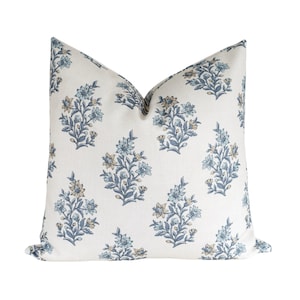 Blue floral Pillow Covers, Block Print Throw Cover, Spring Pillow Cover • Blue pillow for sofa, 20x20 pillow covers