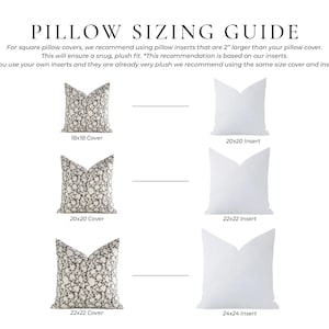 Puede incluir: Una gu&iacute;a de tallas de cojines con el texto PILLOW SIZING GUIDE e instrucciones para fundas cuadradas. Muestra tres fundas estampadas junto a tres rellenos blancos m&aacute;s grandes, etiquetados con dimensiones en pulgadas desde 18x18 hasta 24x24.