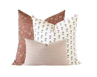 Floral Pillow Cover Set: Terracotta Rust, Beige, Blush Linen
