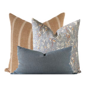 Pillow Combination Set, Wildflower Pillow, Rust Linen Pillow Cover, Modern Farmhouse, Textured Stripe Pattern Pillow, Designer Pillow Covers