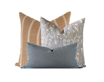 Pillow Combination Set, Wildflower Pillow, Rust Linen Pillow Cover, Modern Farmhouse, Textured Stripe Pattern Pillow, Designer Pillow Covers