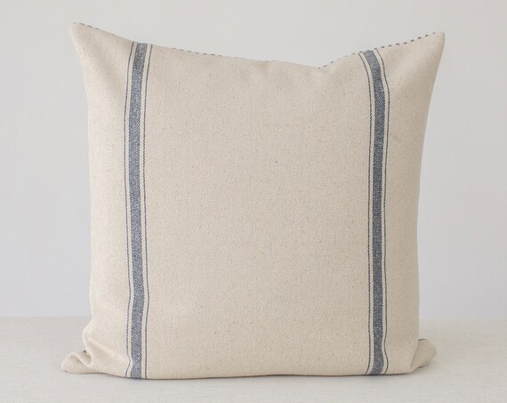 Blue Stripe Burlap Pillow Cover with Ticking Stripe Throw Pillow Cover 18x18
