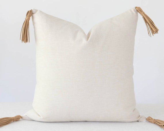 Linen and Leather Tassel Pillow Cover Linen pillowcase with tassels for