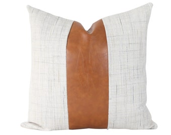 Cognac Leather Stripe Pillow Cover • Designer Lodge Throw Pillows • Textured Luxury Couch Pillows || Archie