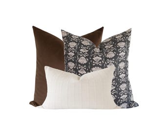 Velvet Sofa Pillow Combination: Black Floral Block Print, Set of Three Pillow Combo, Neutral Stripe Lumbar