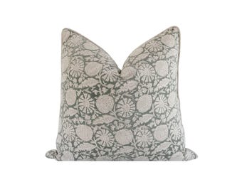 Green Floral Block Print Pillow Cover: Botanical Throw Pillow, Neutral Decorative Pillow, Laurel and Blush