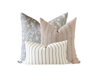Blue Wildflower Pillow Cover Set for Sofa, Neutral Sofa Designer Throw Pillows