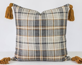 Plaid Caramel Orange Grey and Blue Pillow Cover with Caramel Tassels, Modern Farmhouse Throw Pillows, Plaid Pillow, Fall Pillow