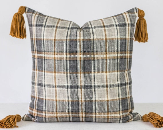 Grey and Blue Pillow Cover with Caramel Tartan Pillow Cover Modern Farmhouse
