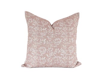 Pink Floral Block Print Pillow Cover: Blush Linen Cotton Throw Pillow