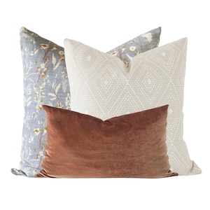 May include: Three decorative throw pillows. The front pillow is a rectangular, rust-colored velvet. Behind it is a white pillow with a diamond pattern, and a blue floral pillow.