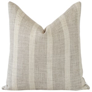 Grey Striped Linen Pillow Cover, Linen Striped Pillow, Neutral Beige Stripe Pillow, Modern Pillow Covers for Couch || Taryn Stripe